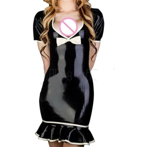 Sexy Short Sleeve Black Latex Rubber Tight Dress with white Trim Bow Costumes Gummi 0.4mm Customize