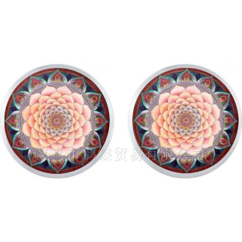 Mandala Datura Flower Time Gem Cabochon Earrings Handmade Summer Stud Earrings Sacred Geometry Jewelry For Women Girls