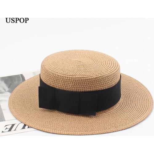 USPOP 2020 New Women straw hats female summer hats flat beach hats black big ribbon short brim hats