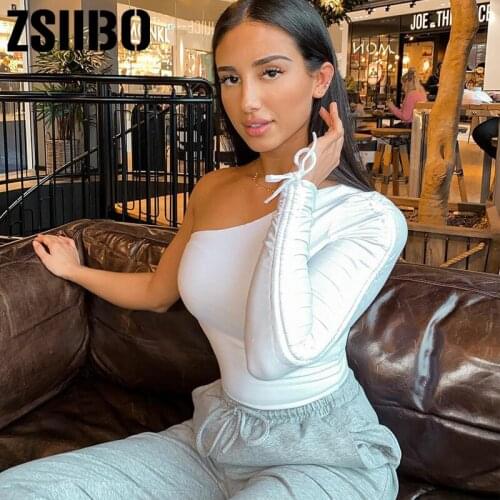 Drawstring ruched women t shirt crop top one shoulder bodycon sexy streetwear party club elegant autumn clothes shirt accessory