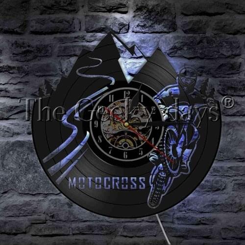 Motocross Man Silhouette LED Lighting Vinyl Record Wall Clock With LED illumination Motorbike Dirt bike Rider Decorative