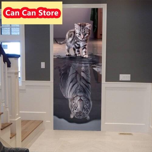 Vinyl Decorative Aniamls Art DIY Door Stickers Cat Tiger Mirror Wallpaper Sticker 3D for Door Home Decoration Accessories Modern