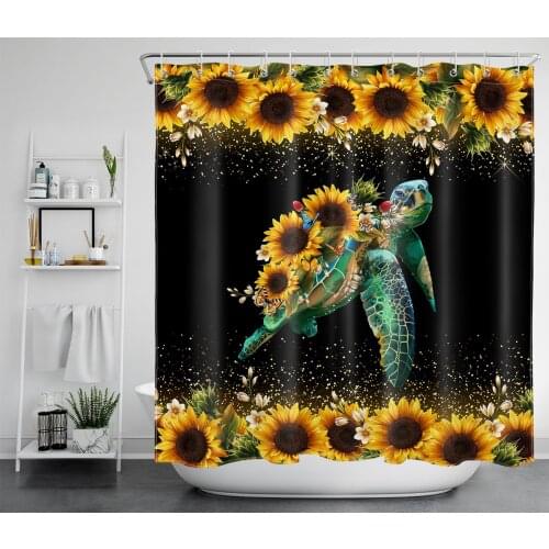 Funny Sea Turtle Shower Curtain Sunflower Vintage Floral Ocean Animals Waterproof Fabric Bathroom Decor Set with Hooks