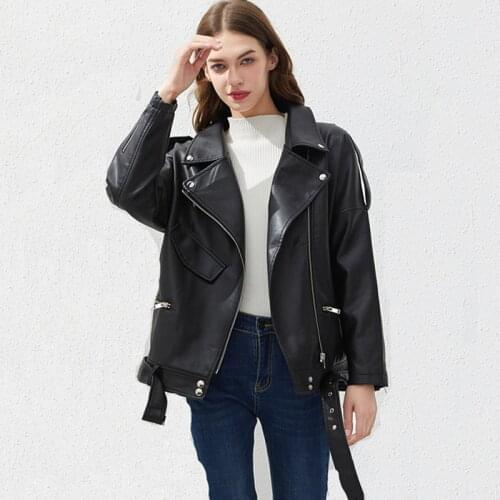 Autumn PU Faux Leather Jacket Women Loose Casual Biker Jackets Sashes Female Black Outwear Street Wear Hot Fashion New 2021