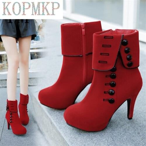 2018 Fashion Women Ankle Boots High Heels Fashion Red Shoes Woman Platform Flock Buckle Boots Ladies Shoes Female PLUE 42