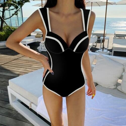 2021 Sexy Camisole Push Up One Piece Swimsuit Women Solid Swimwear Patchwork Monokini Sports Swim Suit Korea Bathing Suit