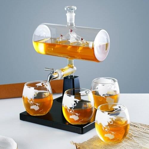 1 Set Creative Antique Boat Shape Decanter Red Wine Whiskey Glass Decanter 1 Bracket 1 Decanter 4 Cup Combination Set