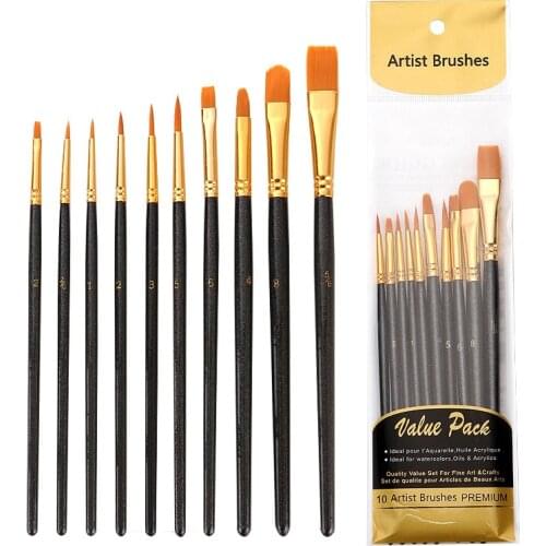 10Pcs Professional Nylon Artist Paint Brush Set Watercolor Acrylic Wooden Handle Painting Brushes Art Supplies Stationery
