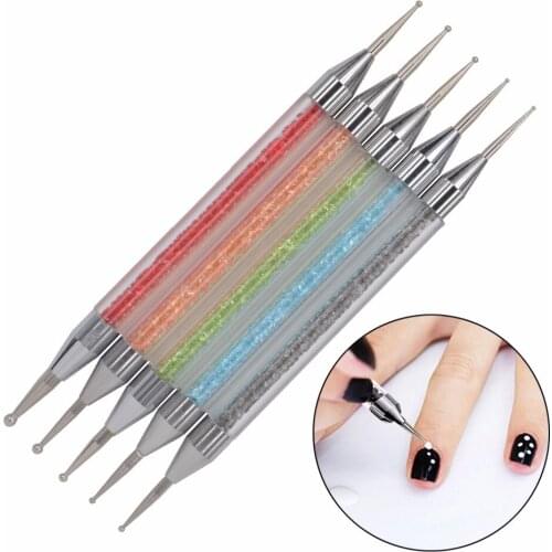 5Pcs/Pack Nail Art Tools Rhinestones Painting Drawing Brush Pen 2 Way Nail Art Dotting Tool 15