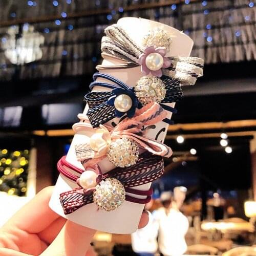 60pcs/lot DIY Simple Multi Bowknot Pearl Petal Elasticity Hair Band Ball Drill Rubber Band Hair Styling Tools Accessories HA1344