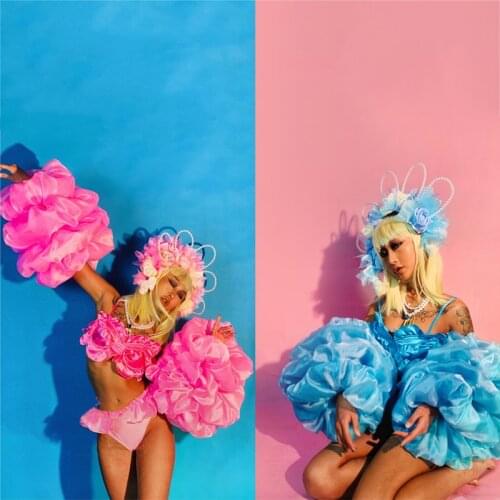 Shining AB Colors Oversized Flower Puff Sleeve Yarn Lace Bikini Singer Gogo Stage Costume Women Evening Party Outfit XS2039