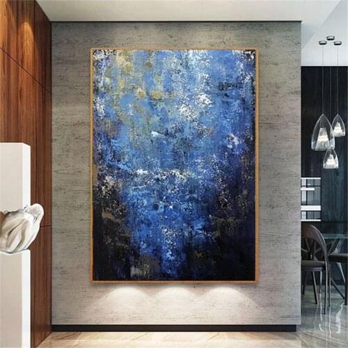 Large Abstract Blue Oil Painting Modern Unique Painting Art Palette Knife Canvas Acrylic Textured Art For Living Room No Frame