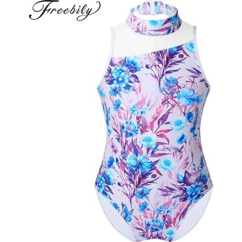 Children Girls Dancewear Pastel Flowers Asymmetrical Tank Leotard Bodysuit for Ballet Dance Figure Ice Skating Stage Performance