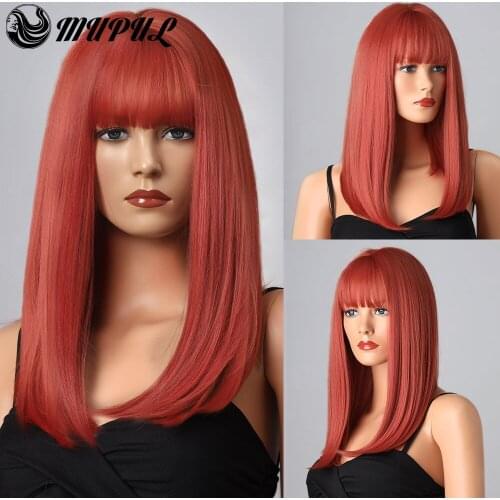 Long Straight Red Colored Cosplay Synthetic Wigs With Bangs For White Women Daily Natural Heat Resistant Fiber Hair Female Wig