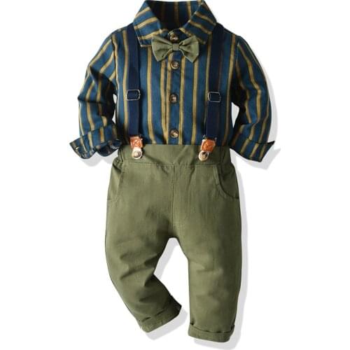 2pcs Baby Boys Clothing Set Infant Gentleman Suit Children Baptism Clothes Toddler Long Sleeve Shirt + Suspender Pants Outfits