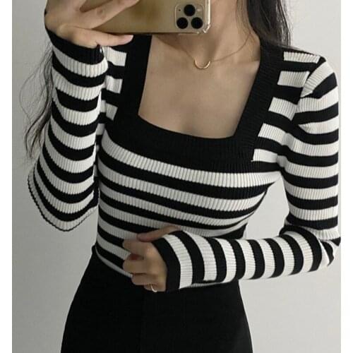 Korea Chic Autumn New Retro Western Style Square Neck Slim Fit Long-Sleeved Striped Sweater Bottoming Top Women