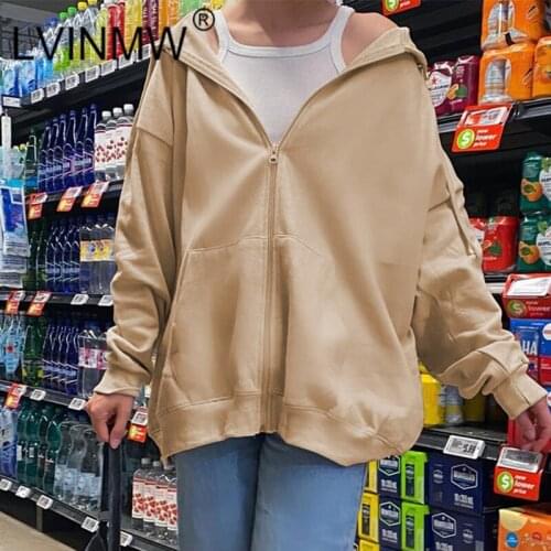 LVINMW Hoodies Solid Casual Loose Zip Up Long Sleeve Top Hooded Simple Chic Hip Hop Women Clothes Pokcets Autumn Streetwear