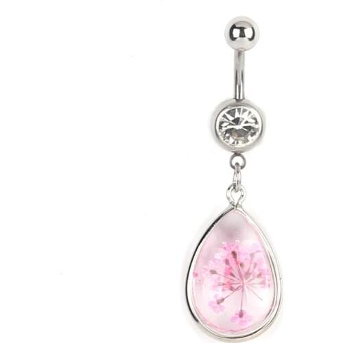 Love Heart Belly Button Rings Bar Surgical Sexy Body Jewelry For Women Crystal glass dried flower pendant Navel Piercing