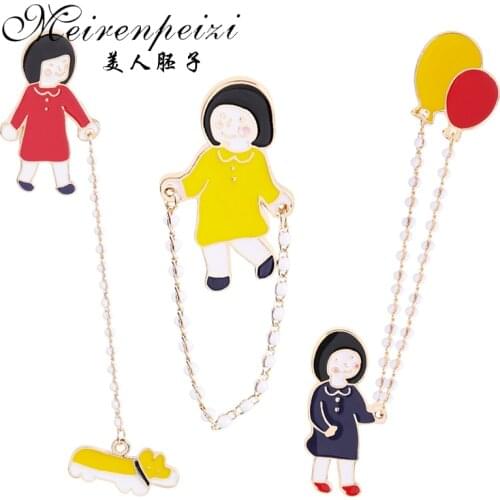 Meirenpeizi Pins and brooches Girl with dog balloon Walk the dog pin Brooches Lapel pin collar jewelry