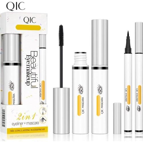 QIC Big Eyes Makeup Set Black Mascara + Waterproof Eyeliner Liquid Make up Cosmetics Eyelash Curler Brush Eye Liner Eye Kit