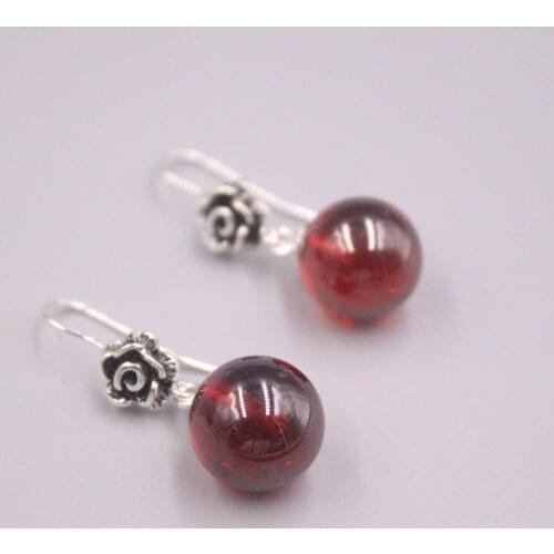 Real Silver 925 Earrings Drop For Women Female Girl Gold Korean Earrings Red Garnet Ball National Style Earrings Hook Rose