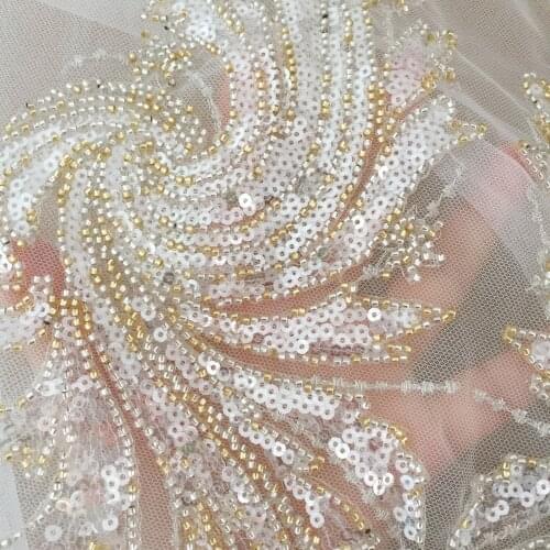 New Luxury 3D Gold Beaded Applique Sequin Beads Lace Fabric Positioning Flowers Bridal Veil DIY