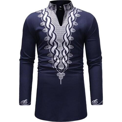 African Dashiki Print Shirt Men Hipster Streetwear Extra Long African Clothes Men Slim Fit Long Sleeve Shirt Male Camisa Social