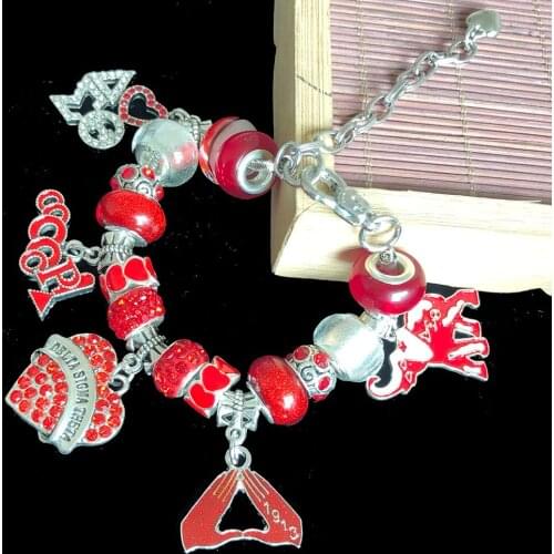 Hand Made Greek Letter Sorority Red Oooop Detal Elephant Heart Handsign 1913 Charm Bracelet Jewelry