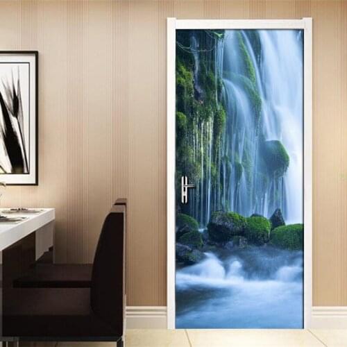 Modern Minimalist Living Room Door Decoration Forest Waterfall Nature Landscape Sticker Mural PVC Self-Adhesive Photo Wallpaper