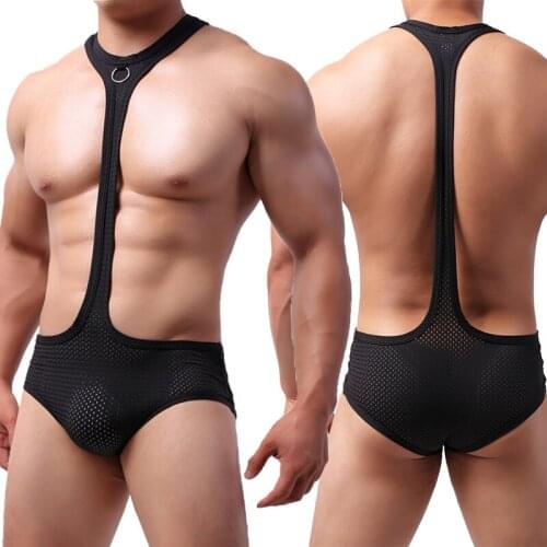 Sexy Mens Undershirts Leotard Mesh Breathable Bodysuits Wrestling Singlet Jumpsuits Mankini Jockstrap Gay Underwear One-piece