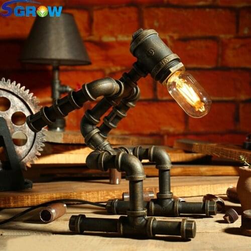 SGROW Robot Design Table Lamp Creative Loft Iron Pipe Lamp Desk Light for Bedroom Beside Light Lampara de mesa with Edison Bulb