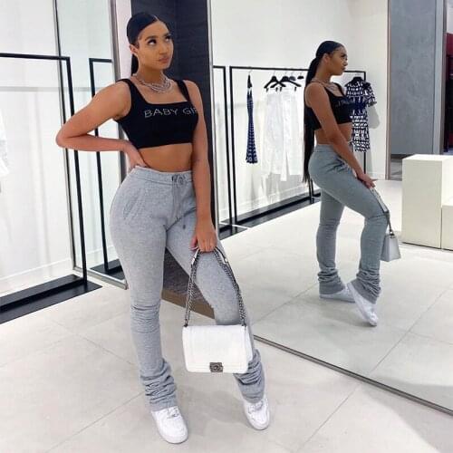 Stacked Sweatpants Solid Bell Bottoms Pants Casual Plain High Waist Trousers Thicken Leggings for Women