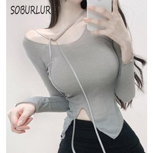SOBURLUR Tunics Crop Top Woman Clothes Harajuku White T Shirt Elastic Streetwear Womens T-Shirts Chic All-match O-neck Summer