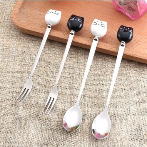 Cute Cartoon Cat Fork Stainless Steel Long Stirring Spoon Fruit Fork Coffee Stainless Steel Spoon Ceramic Handle Fruit Tools