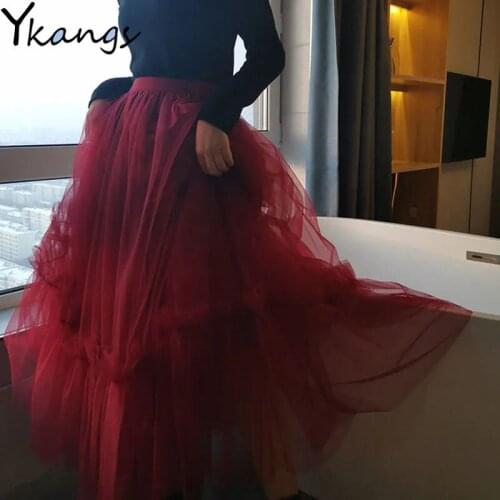 Vintage Wine Red Tulle Pleated Skirts Women High Waist Long Ruffled Mesh Skirt Spring Harajuku Black Elastic Puffy Tulle Skirts