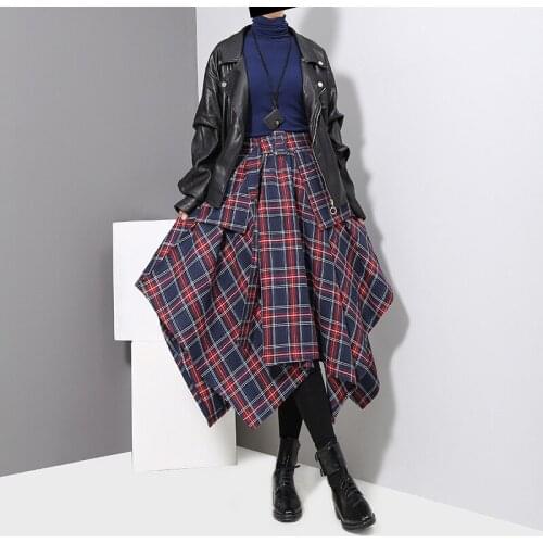 Vintage High Waist Skirt Brand Fashion Women Loose Asymmetrical 2021 Spring Autumn New Long Skirt Irregular Belt Plaid Skirt