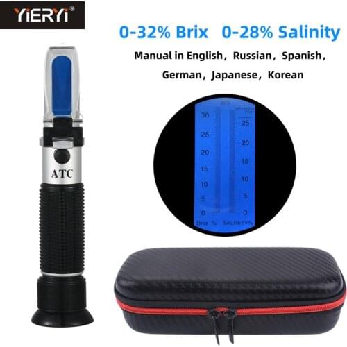 Yieryi Handheld 2 in 1 Brix & salinity Refractometer 0-32%Brix/0-28%Salinity with ATC Measure Sodium Chloride in Food Salt Fruit
