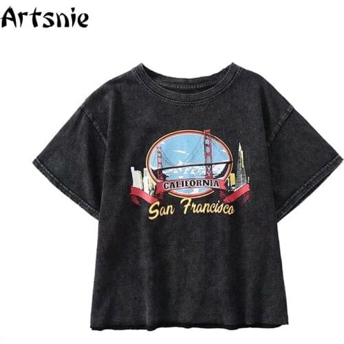 Artsnie Black Casual Cartoon Print O Neck T Shirts Women Spring 2019 Short Sleeve Vintage Knitted Tops Female Streetwear T-Shirt