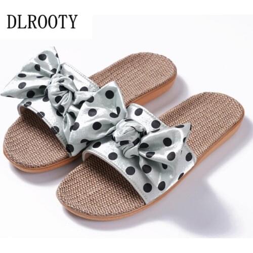 Women Slippers Sandals Shoes Flip Flops Summer Fashion Butterfly-knot Polka Dot Hemp Non-slip Home Slides Casual Female Flat