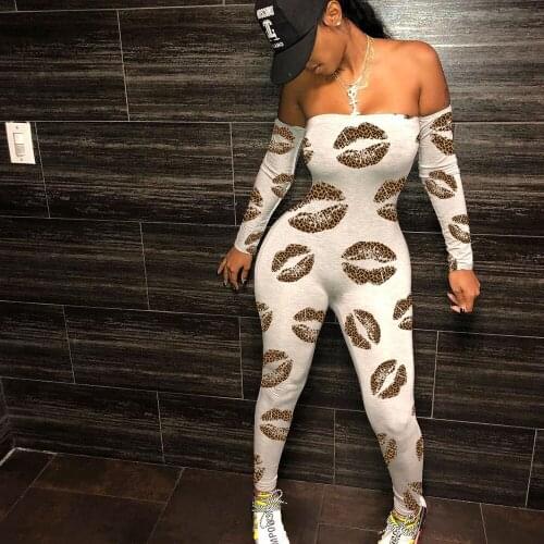 Love Lip Print Off Shoulder Bodycon Rompers Womens Jumpsuit Long Sleeve Sporty Streetwear One Piece Jumpsuits Overalls for Women