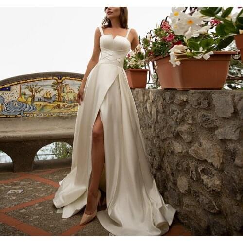 Mariage New Satin Long Wedding Dresses Simple Sexy High Split Beach Bride Gown Corset Princess 2021 Vestido De Noiva