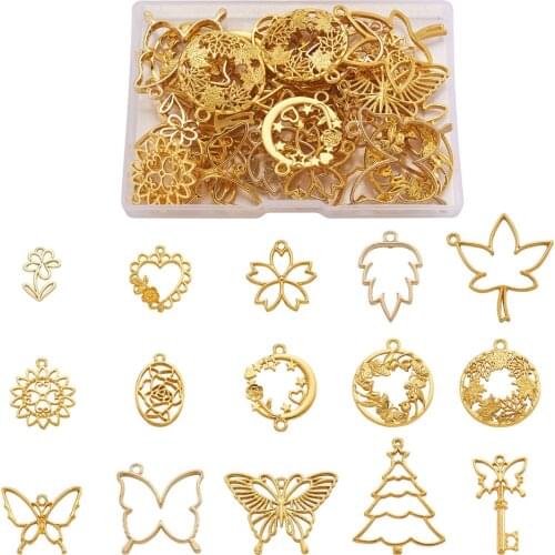 1Box Alloy Open Back Bezel Pendants Mixed Butterfly Heart Flower Leaf Frame Charms For DIY Epoxy Resin Jewelry Necklace Making