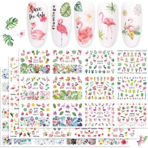 12 new Decal sliders summer jungle flamingo pink parrot flower silk thread nail stickers decorative envelope manicure