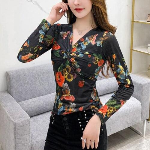 #5614 Spring 2020 Floral Printed Vintage T Shirt Women V Neck Black Sexy Basic T-shirt Slim Casual Tight Mesh Top High Stretch