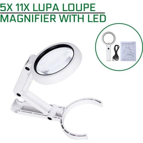 5X 11X Lupa Loupe Magnifier Folding Lamp Reading Portable Handheld Illuminated Magnifying Glass With 8 LED Lights for Newspaper