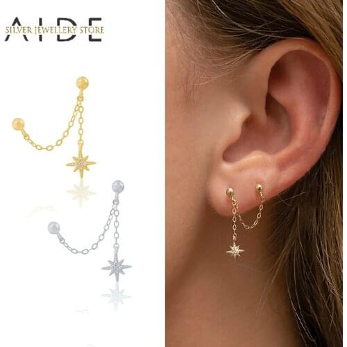 AIDE 1Pc 925 Sterling Silver Stud Earrings For Women Fashion Anise Star Chain Ear Hanging Back Piercing Earings Jewery brincos