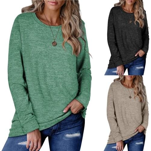 BALDAUREN Autumn Women Round Neck Long Sleeves T-Shirt Solid Color Loose Plus Size Cotton Pullover Womens Tops Vintage Clothes