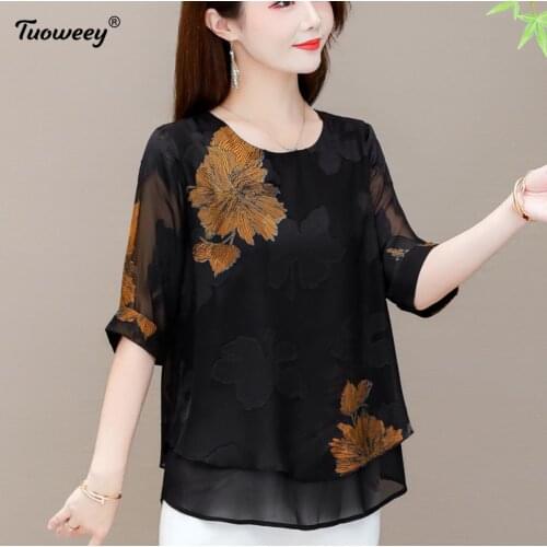 5XL Plus Size Tunic Tops Aesthetic Long Shirts Vintage Chiffon Blouse Women Black Blusas Mujer De Moda 2021 Summer Korean Style