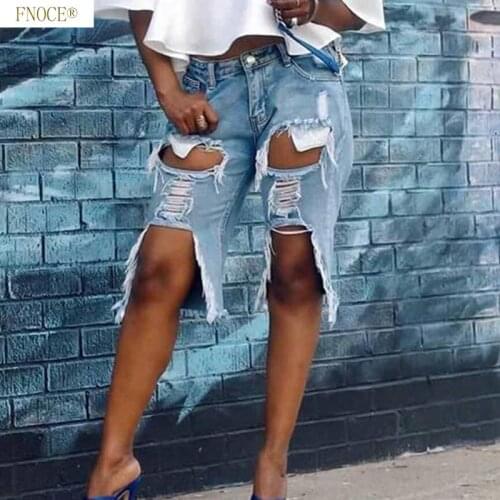 FNOCE Summer New Style Womens fashion Casual Hole Denim Shorts Straight Denim Five-point Pants