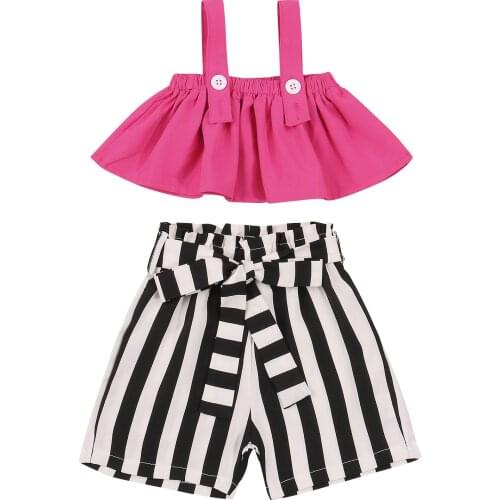 2-6Years Girl’s Summer Two Piece Set Fashion Solid Color Suspender Tops and Stripe Bandage Short Pants